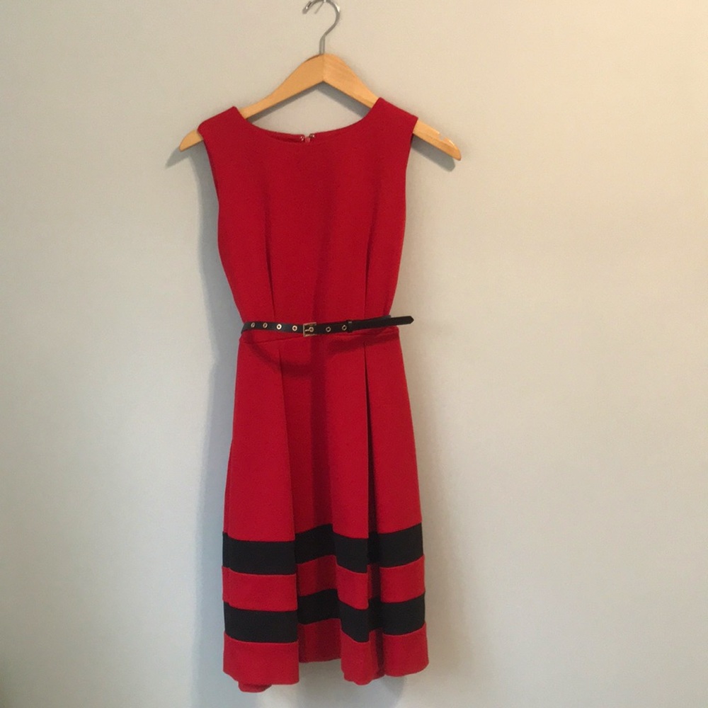 Calvin Klein red + black belted dress